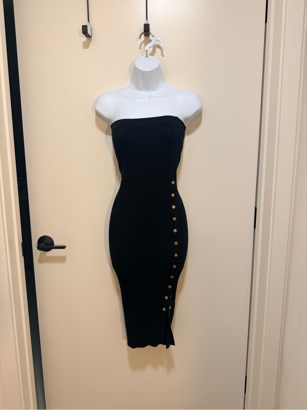 JLUXLABEL Black Strapless Ribbed Midi Dress with Gold Buttons
